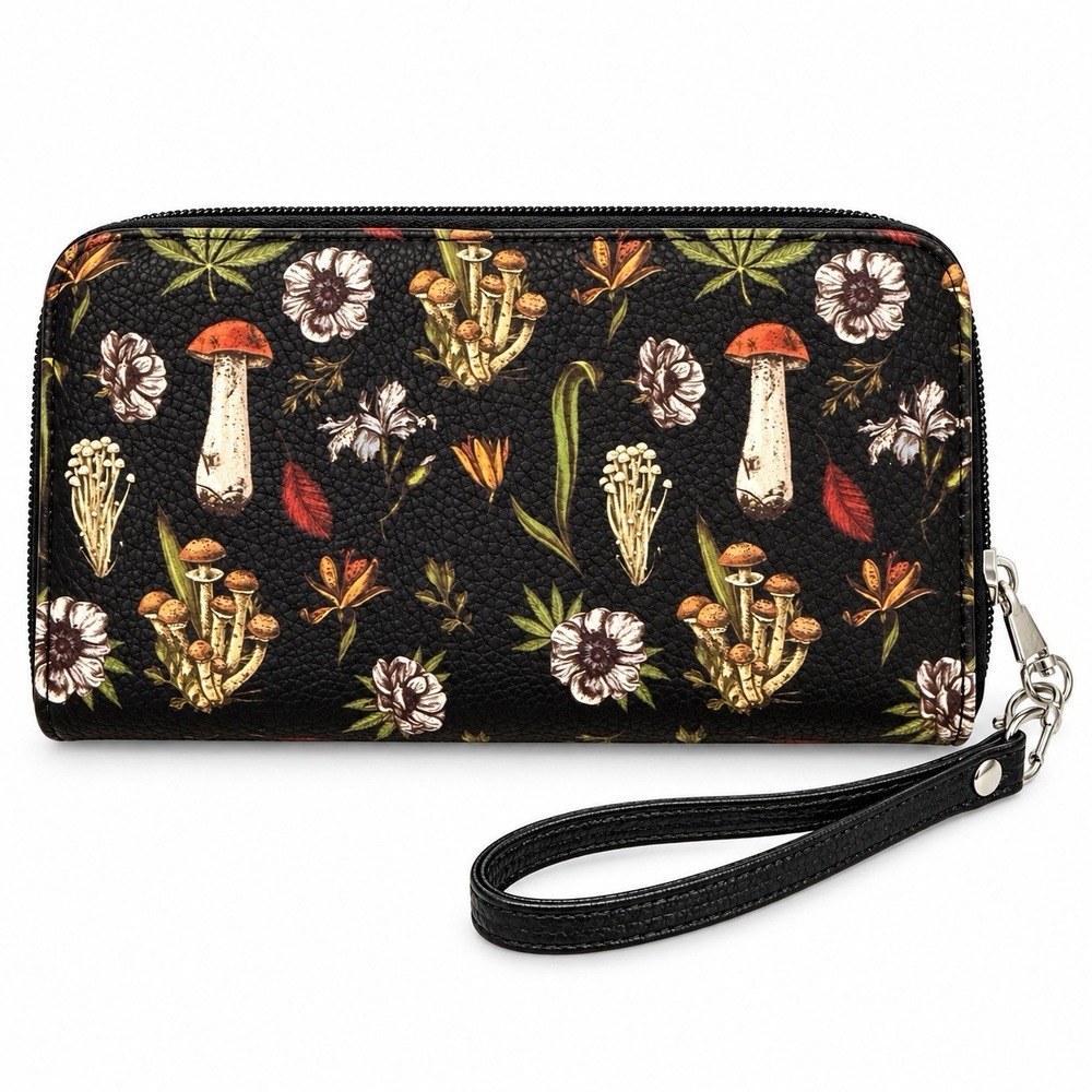 Mushroom Botanical Wristlet Wallet Zip Around Cottagecore Woodland Fungi Floral